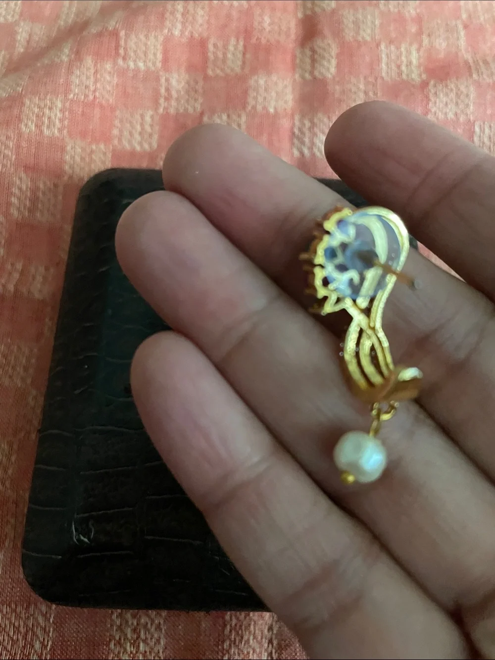 Gold-Tone Pink & Green Stone Drop Earrings with Pearl Accent